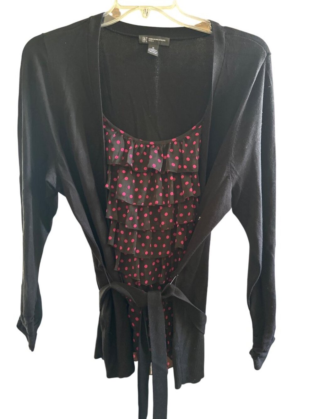 INC International Concepts Black & Pink Polka Dot Ruffle Knit Cardigan Sweater